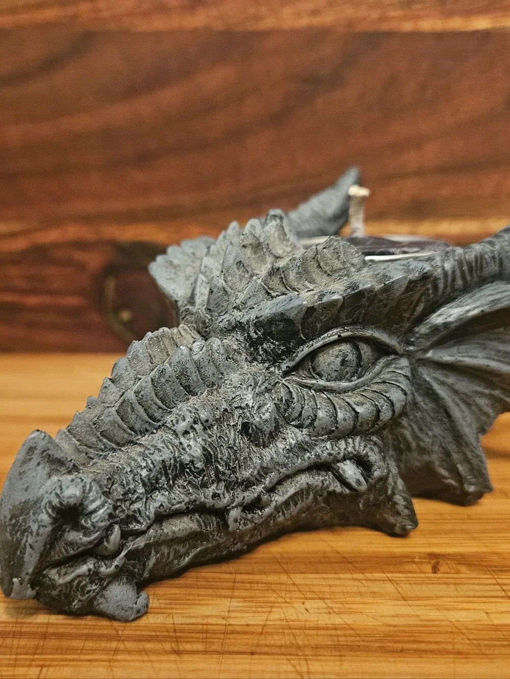 Gothic Dragon Head Tealight Candle Holder | 5” Grey Stone Finish Resin Figurine